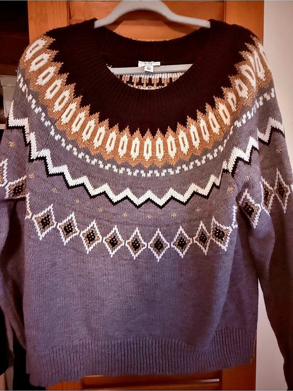 Crown & Ivy Geometric Sweater in Gray & Brown Size XL fair isle